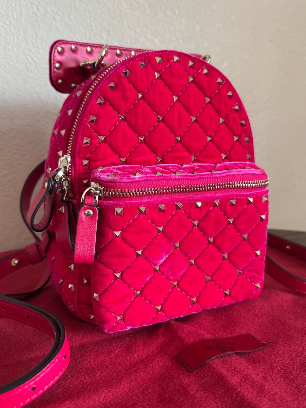 VALANTINO GARAVANI Rockstud Velvet Quilted Mini Backpack in Hot Pink
